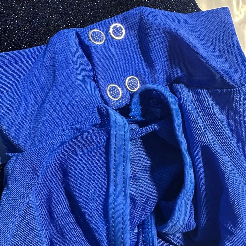 AXS Double Platinum Royal Blue Mesh Long Sleeve Sparkle Leotard Dance Gymnastics